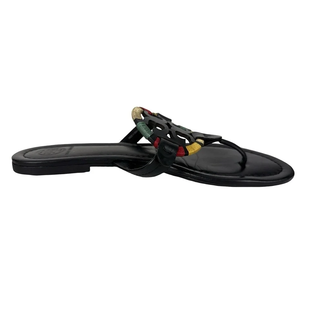 TORY BURCH Embroidered Perfect Black Matte Leather Miller Logo Sandals Size 8 M